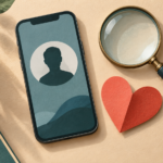Illustrazione di uno smartphone con profilo anonimo e cuore di carta accanto a una lente