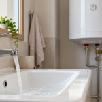 Rubinetto aperto su un lavabo bianco con scaldacqua ad accumulo sullo sfondo in un bagno luminoso