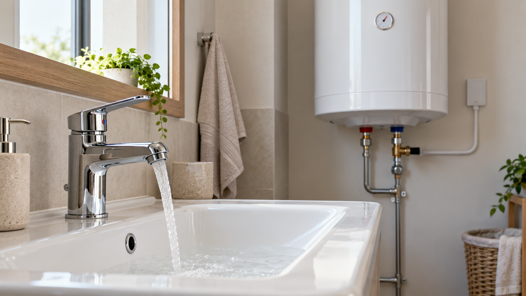 Rubinetto aperto su un lavabo bianco con scaldacqua ad accumulo sullo sfondo in un bagno luminoso