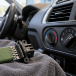 Comandi della ventilazione di un’auto e gruppo resistenze appoggiato su un panno protettivo in officina