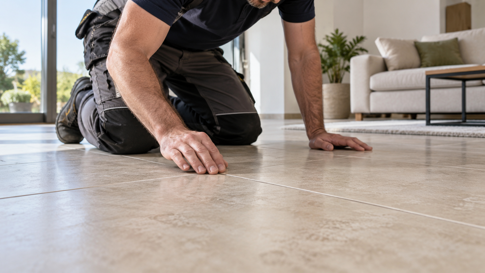 Tecnico inginocchiato osserva le fughe di un pavimento in gres beige in un soggiorno luminoso